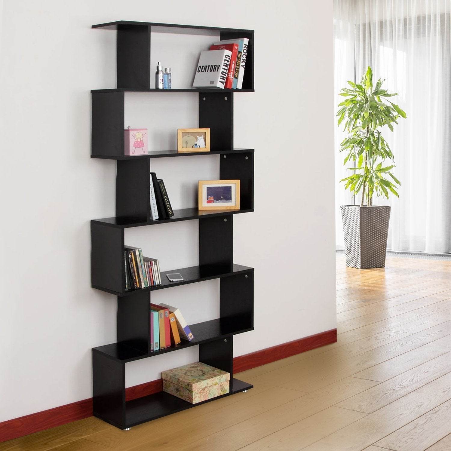 HOMCOM Wooden S Shape Bookcase 6 Shelves Storage Display Home Office - Big J's Showstoppin' Store